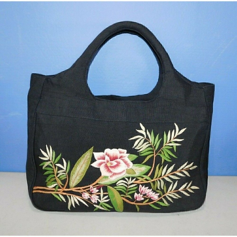DV, DOLCE VITA BLACK FABRIC TOTE WITH EMBROIDERED FLOWERS, HANDBAG, PURSE